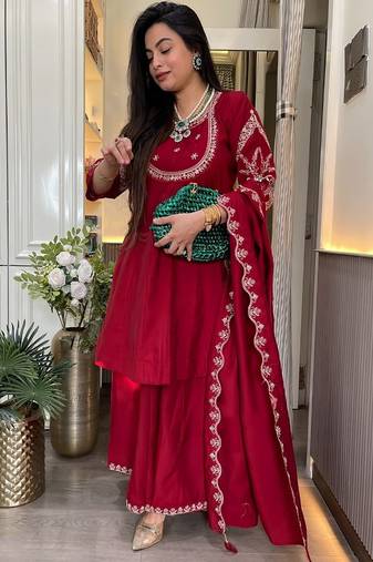 women's silk blend embroidered kurta palazzo with dupatta set