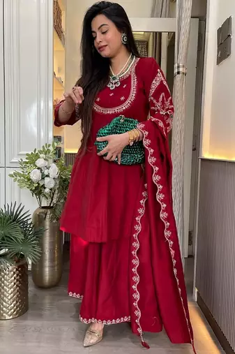 women's silk blend embroidered kurta palazzo with dupatta set