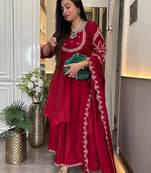 women's silk blend embroidered kurta palazzo with dupatta set