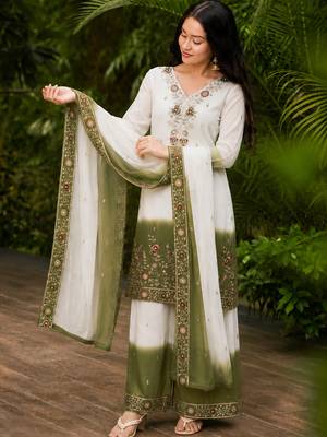 women's georgette embroidered kurta palazzo with dupatta set 2