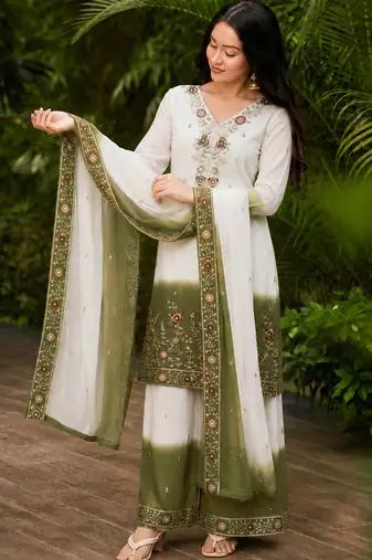 women's georgette embroidered kurta palazzo with dupatta set