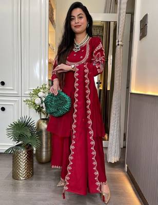 women's silk blend embroidered kurta palazzo with dupatta set 2