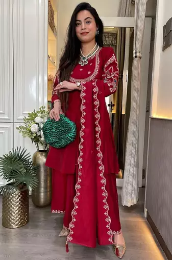 women's silk blend embroidered kurta palazzo with dupatta set