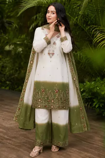 women's georgette embroidered kurta palazzo with dupatta set