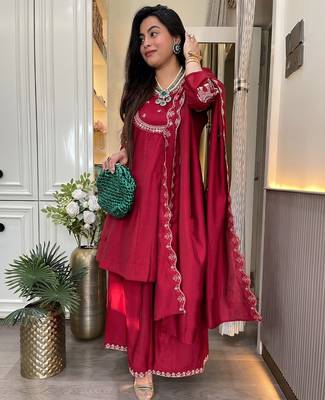 women's silk blend embroidered kurta palazzo with dupatta set 4