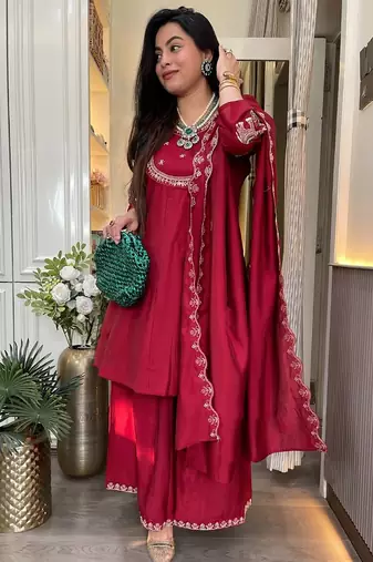 women's silk blend embroidered kurta palazzo with dupatta set