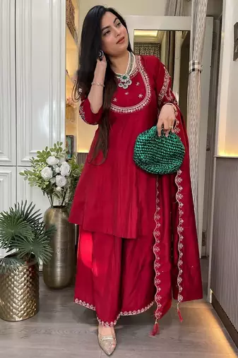 women's silk blend embroidered kurta palazzo with dupatta set