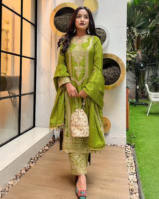women's art silk embroidered kurta pant with dupatta set 1