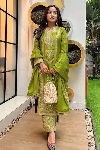 women's art silk embroidered kurta pant with dupatta set
