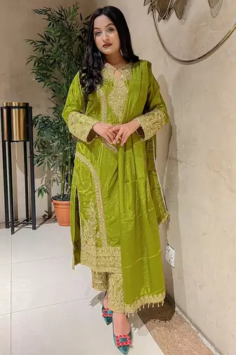 women's art silk embroidered kurta pant with dupatta set