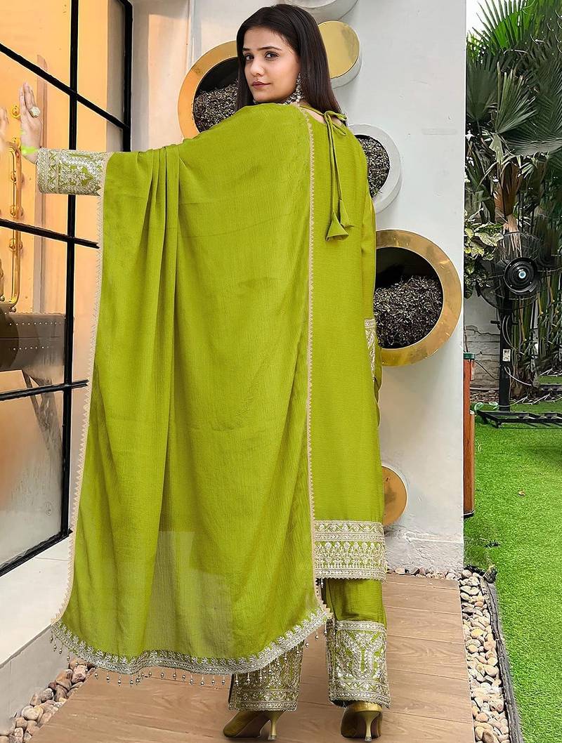 women's art silk embroidered kurta pant with dupatta set