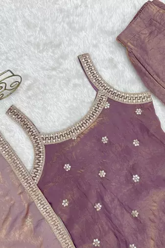 women's shimmer silk embroidered kurta palazzo with dupatta set