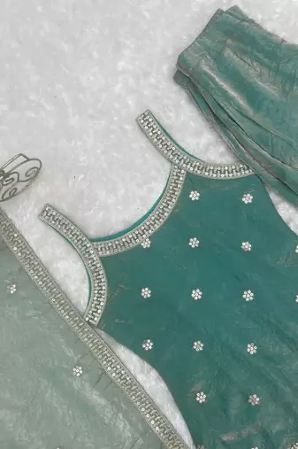 women's shimmer silk embroidered kurta palazzo with dupatta set