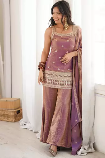 women's shimmer silk embroidered kurta palazzo with dupatta set