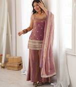 women's shimmer silk embroidered kurta palazzo with dupatta set