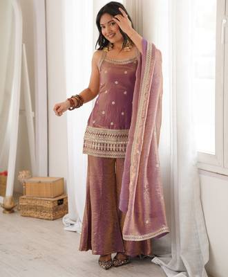 women's shimmer silk embroidered kurta palazzo with dupatta set 2