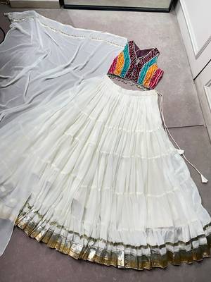 women embroidered off white tiered lehenga set with bandhani mirror work blouse for garba & navratri - free size 5
