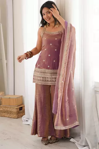 women's shimmer silk embroidered kurta palazzo with dupatta set