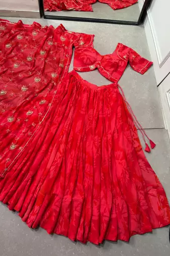 women's georgette printed lehenga choli with sequins embroidery & mirror work dupatta set - free size