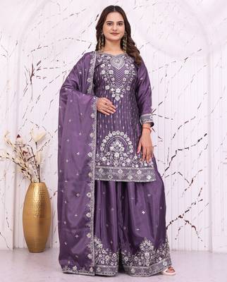 Purple chinon party  embroidery wear sharara suit set 1
