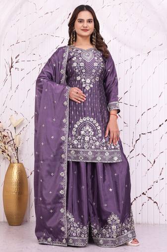 Purple chinon party  embroidery wear sharara suit set
