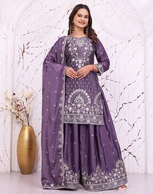 Purple chinon party  embroidery wear sharara suit set 2
