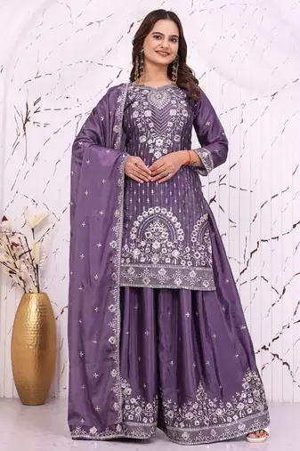 Purple chinon party  embroidery wear sharara suit set