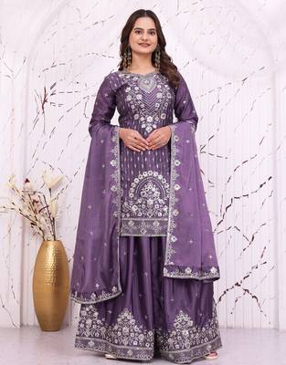 Purple chinon party  embroidery wear sharara suit set 3