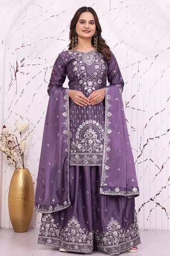 Purple chinon party  embroidery wear sharara suit set