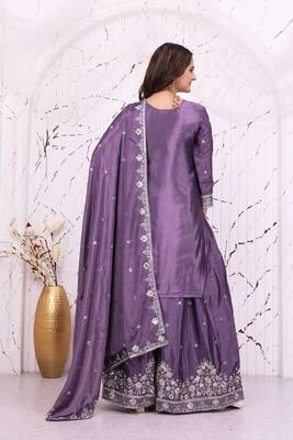 Purple chinon party  embroidery wear sharara suit set 4
