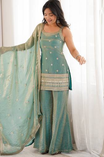 women's shimmer silk embroidered kurta palazzo with dupatta set