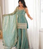 women's shimmer silk embroidered kurta palazzo with dupatta set
