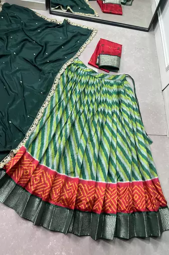 Women Traditional Leheriya Print Tasar Silk Lehenga Set with Zari Work & Chinon Sequins Dupatta