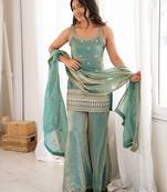 women's shimmer silk embroidered kurta palazzo with dupatta set