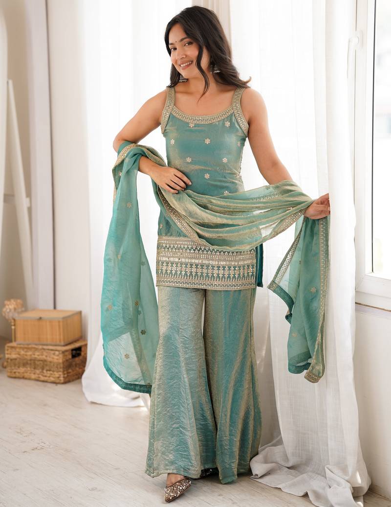 women's shimmer silk embroidered kurta palazzo with dupatta set