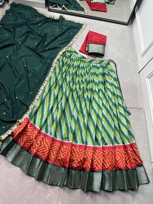 Women Leheriya Print Tasar Silk Lehenga Set with Zari Work & Chinon Sequins Dupatta 6