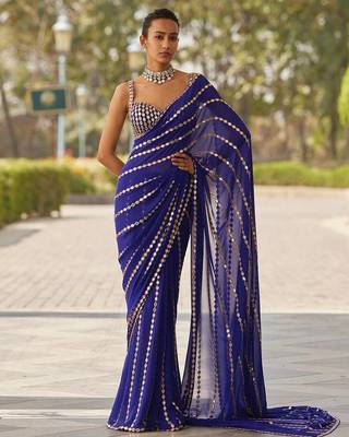 Blue Georgette Embroidered Stripe Designer Saree 1