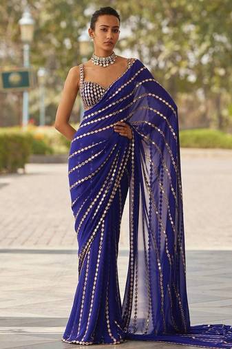 Blue Georgette Embroidered Stripe Designer Saree