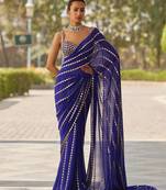 Blue Georgette Embroidered Stripe Designer Saree
