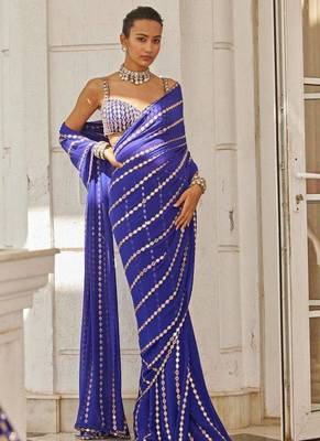 Blue Georgette Embroidered Stripe Designer Saree 2
