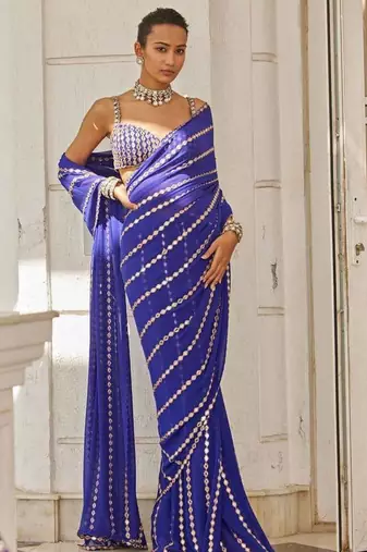 Blue Georgette Embroidered Stripe Designer Saree