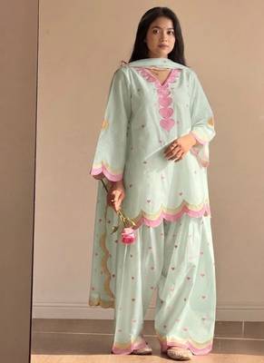 Mint green embroidery chanderi cotton full stitched farshi salwar suit set 1