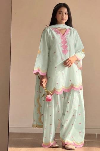 Mint green embroidery chanderi cotton full stitched farshi salwar suit set