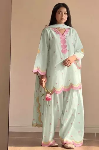 Mint green embroidery chanderi cotton full stitched farshi salwar suit set
