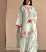 Mint green embroidery chanderi cotton full stitched farshi salwar suit set