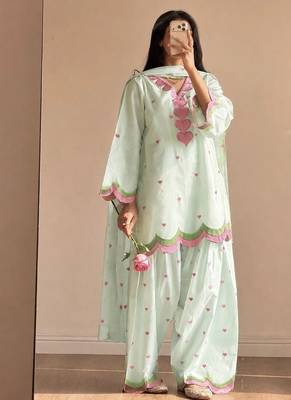 Mint green embroidery chanderi cotton full stitched farshi salwar suit set 2