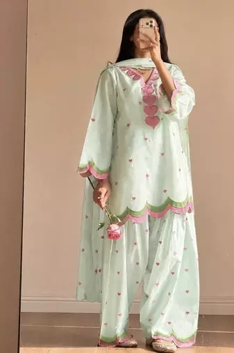 Mint green embroidery chanderi cotton full stitched farshi salwar suit set