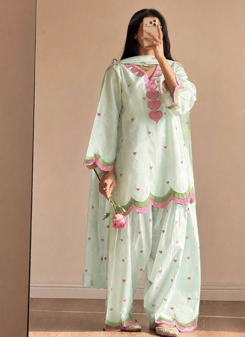 Mint green embroidery chanderi cotton full stitched farshi salwar suit set