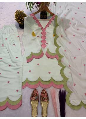 Mint green embroidery chanderi cotton full stitched farshi salwar suit set 3