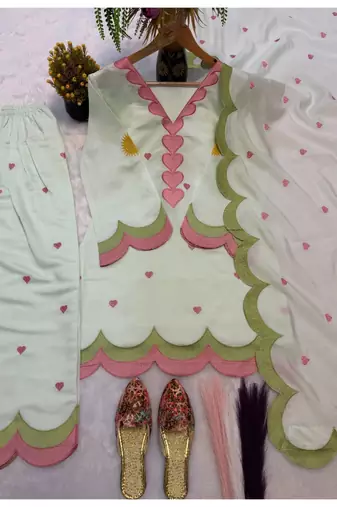 Mint green embroidery chanderi cotton full stitched farshi salwar suit set